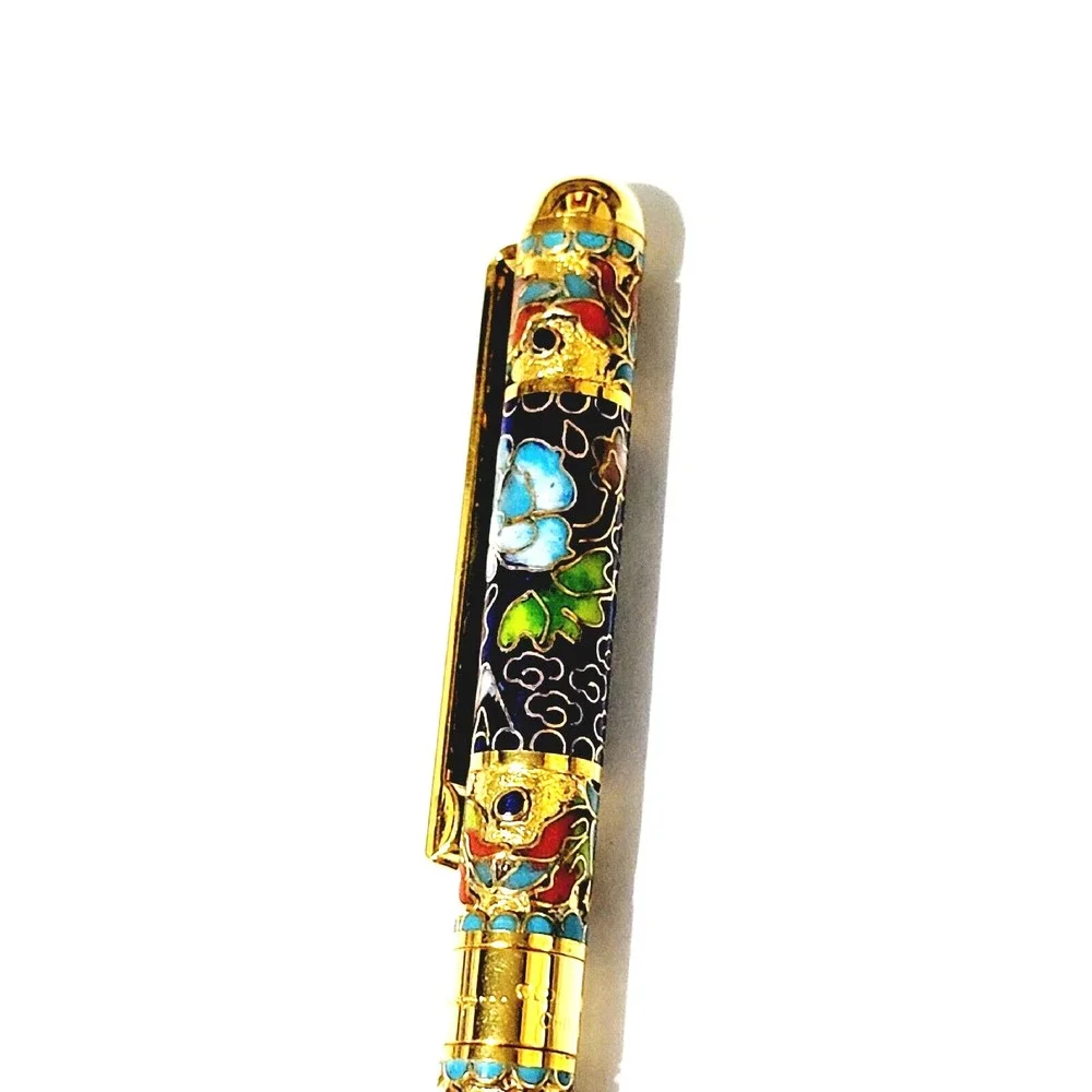 Vintage Blue Ink Pen Floral Cloisonne Retractable Gold Trim Gift Box